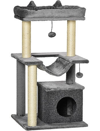 Arbre à chat h.90cm - griffoirs, plateforme, niche, hamac, boules - gris