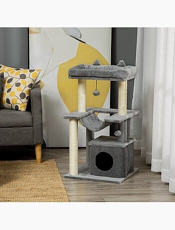 Arbre à chat h.90cm - griffoirs, plateforme, niche, hamac, boules - gris
