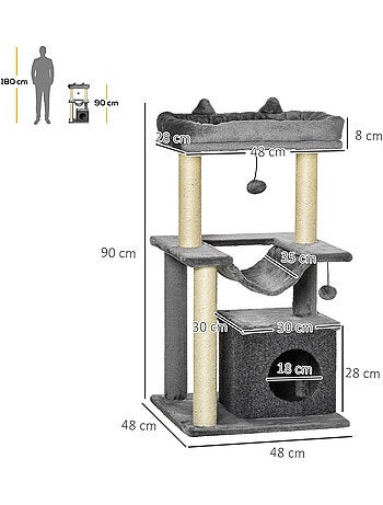 Arbre à chat h.90cm - griffoirs, plateforme, niche, hamac, boules - gris