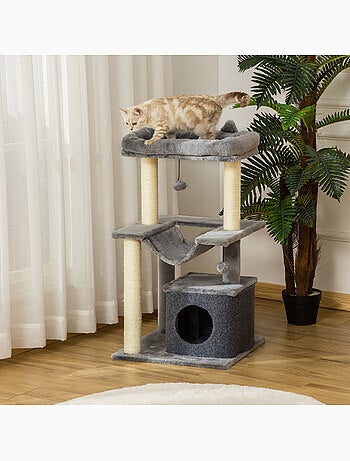 Arbre à chat h.90cm - griffoirs, plateforme, niche, hamac, boules - gris