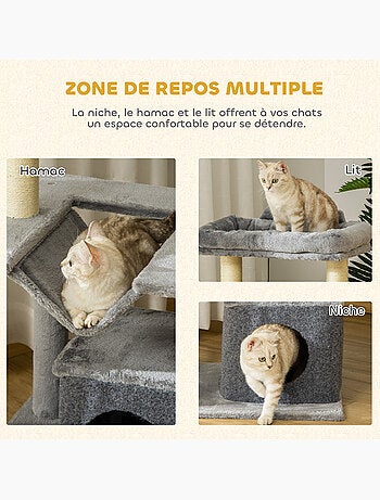 Arbre à chat h.90cm - griffoirs, plateforme, niche, hamac, boules - gris