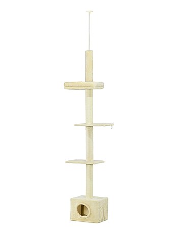 Arbre à chat hauteur réglable 230-260 cm - niche, 3 plateformes - peluche beige