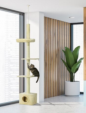 Arbre à chat hauteur réglable 230-260 cm - niche, 3 plateformes - peluche beige