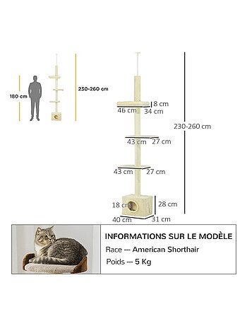 Arbre à chat hauteur réglable 230-260 cm - niche, 3 plateformes - peluche beige