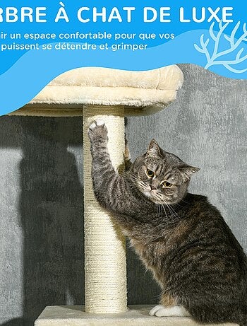 Arbre à chat hauteur réglable 230-260 cm - niche, 3 plateformes - peluche beige