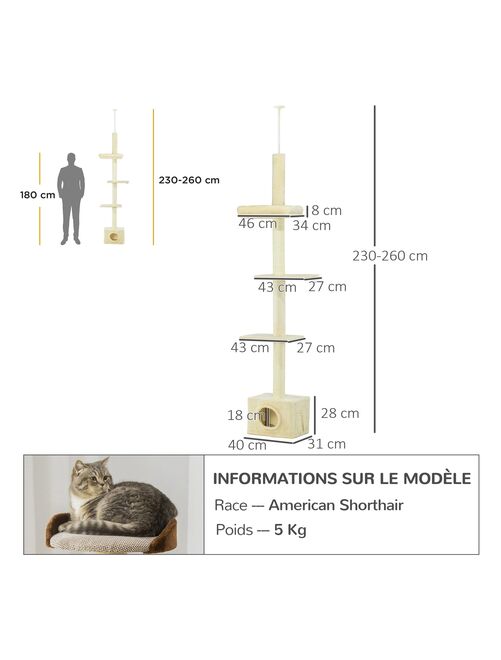 Arbre à chat hauteur réglable 230-260 cm - niche, 3 plateformes - peluche beige - Kiabi