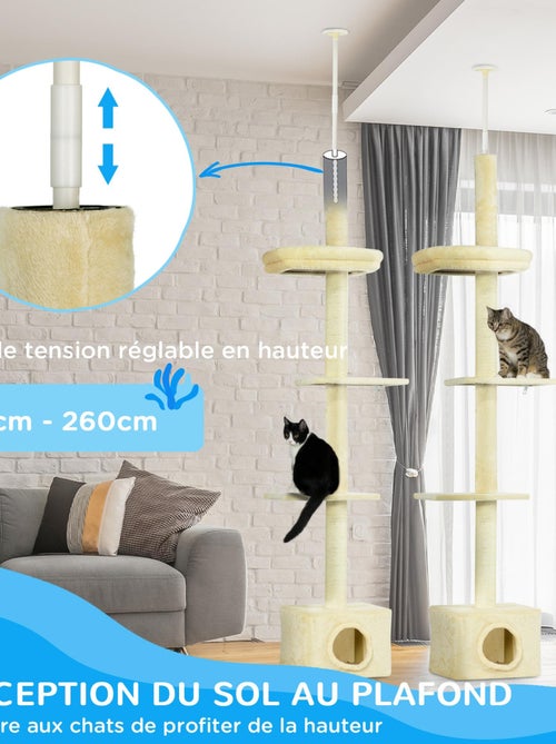 Arbre à chat hauteur réglable 230-260 cm - niche, 3 plateformes - peluche beige - Kiabi