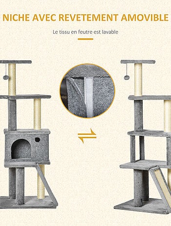 Arbre à chat multi-équipé grande niche housse amovible gris