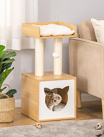 Arbre à chat multi-équipement H81 cm aspect bois clair