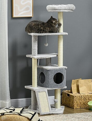 Arbre à chat multi-équipement peluche haute densité gris