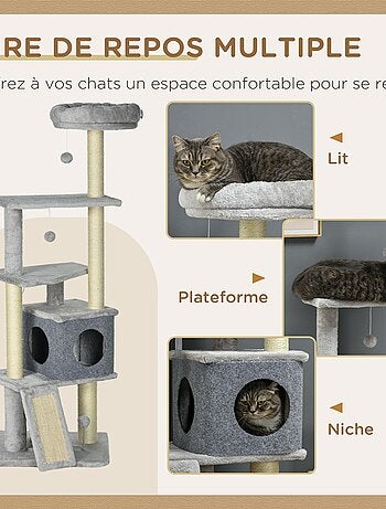 Arbre à chat multi-équipement peluche haute densité gris
