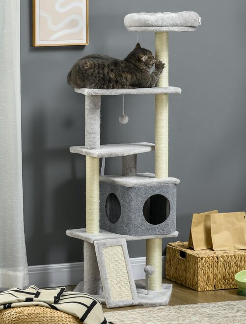 Arbre à chat multi-équipement peluche haute densité gris - Kiabi