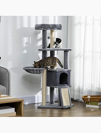 Arbre à chat multi-équipement peluche haute densité gris