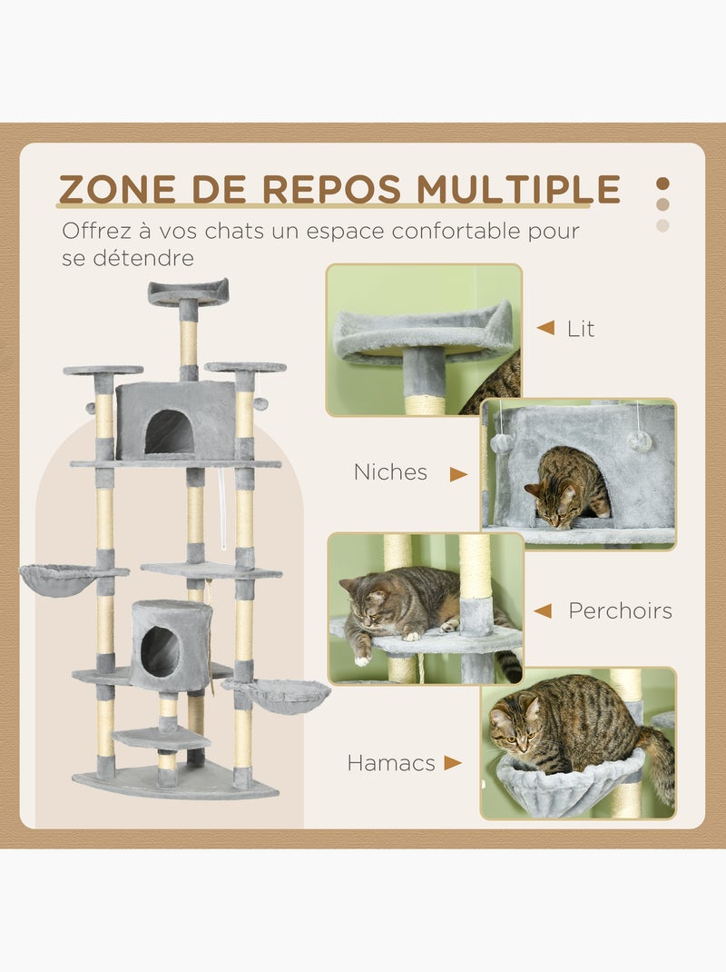 Arbre à chat multi-équipement sisal naturelle peluche grise Gris - Kiabi