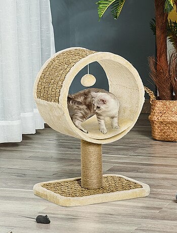 Arbre à chat rond style cosy chic avec coussin et souris suspendue