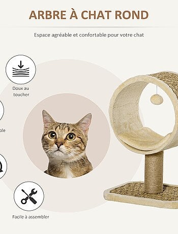 Arbre à chat rond style cosy chic avec coussin et souris suspendue