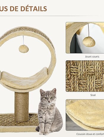 Arbre à chat rond style cosy chic avec coussin et souris suspendue