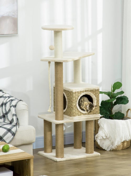 Arbre à chat style cosy chic sisal naturel peluche courte cordes d'algues tressées - Kiabi