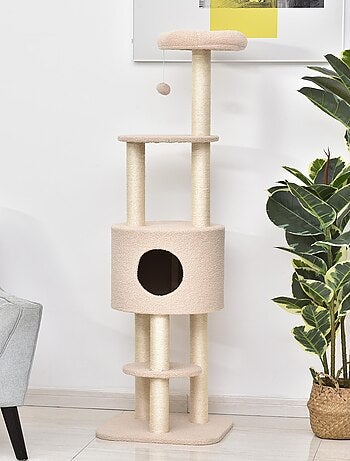 Arbre à Chats avec Griffoir Niche Poteaux Peluche Haute Densité 45L x 40L x 148H cm