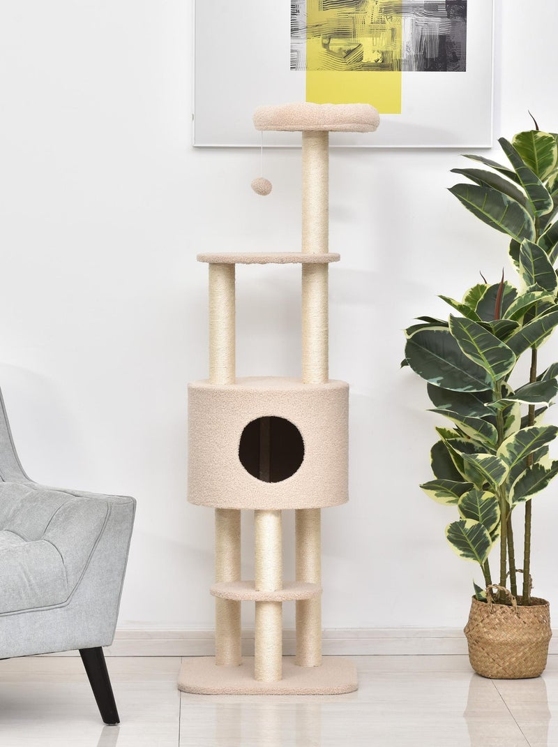 Arbre à Chats avec Griffoir Niche Poteaux Peluche Haute Densité 45L x 40L x 148H cm Beige - Kiabi