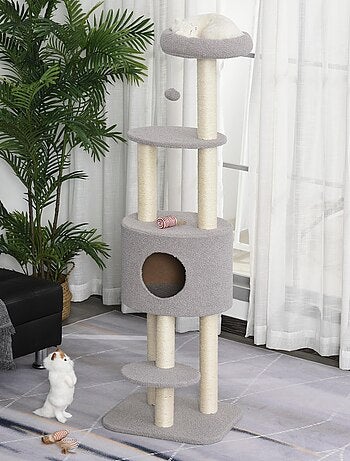 Arbre à Chats avec Griffoir Niche Poteaux Peluche Haute Densité 45L x 40L x 148H cm