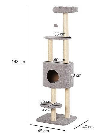 Arbre à Chats avec Griffoir Niche Poteaux Peluche Haute Densité 45L x 40L x 148H cm