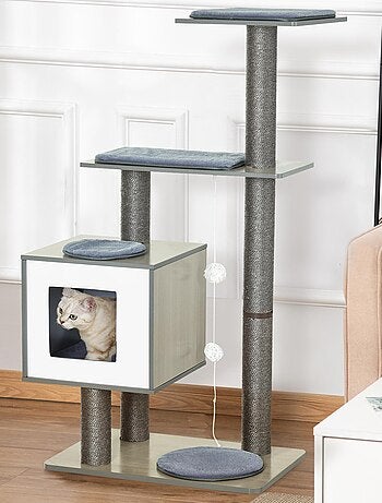 Arbre à chats design contemporain beige hêtre gris