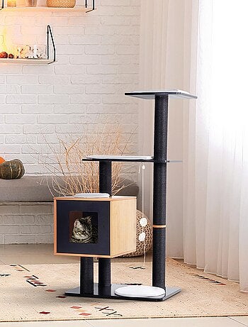 Arbre à chats design contemporain noir hêtre blanc