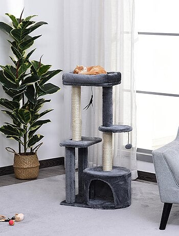 Arbre à chats griffoirs centre d'activités 2 jouets suspendus gris
