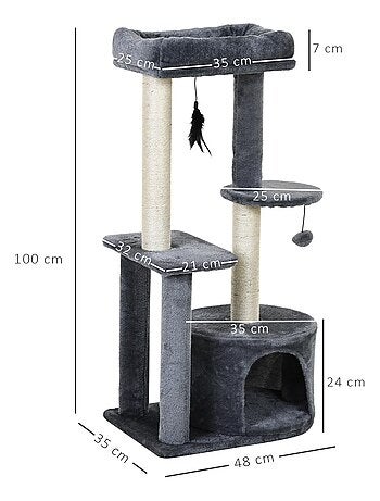 Arbre à chats griffoirs centre d'activités 2 jouets suspendus gris