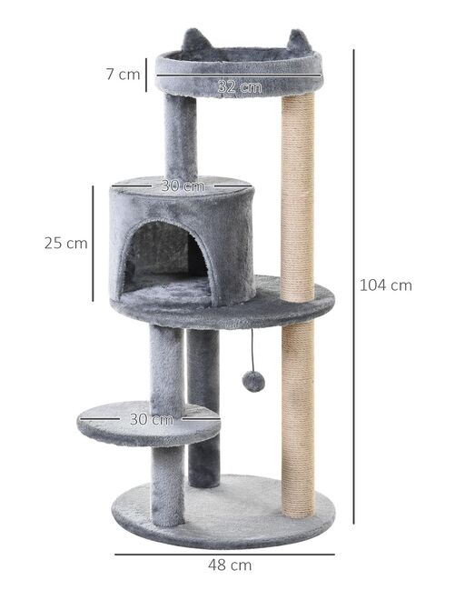 Arbre à chats griffoirs plateformes niche jeu boule suspendue gris - Kiabi