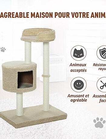 Arbre à chats style cosy chic griffoirs niche plateforme bicolore beige café