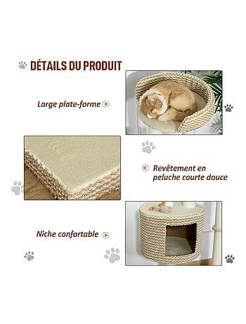 Arbre à chats style cosy chic griffoirs niche plateforme bicolore beige café