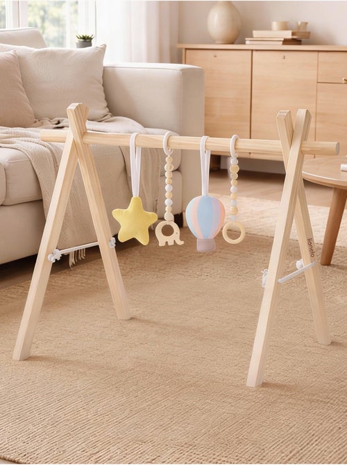 Arche d'éveil bois avec 4 jouets LIONELO Anis - Pliable - Kiabi Arche d'éveil bois avec 4 jouets LIONELO Anis - Pliable - Kiabi