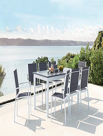 AREZZO Table de jardin extensible et 8 chaises alu-toile PVC blanc