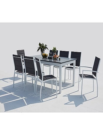 AREZZO Table de jardin extensible et 8 chaises alu-toile PVC blanc