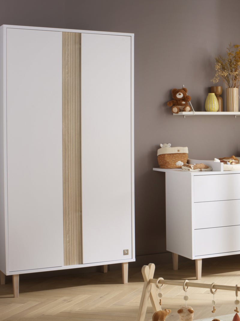 Armoire 2 portes avec détail imitation bois texturé et pieds bois - SAUTHON Blanc Marron - Kiabi