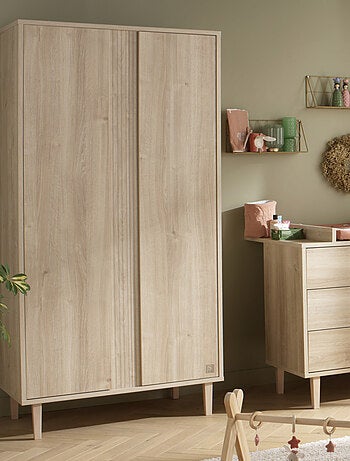 Armoire 2 portes avec détail imitation bois texturé et pieds bois - SAUTHON
