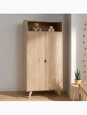 Armoire 2 portes et une niche avec étagères et penderie - poignées métal décor bois hêtre charme - S