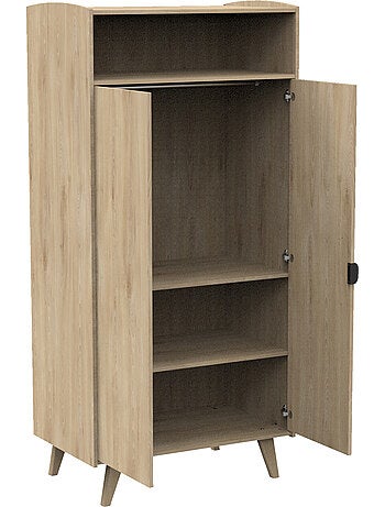 Armoire 2 portes et une niche avec étagères et penderie - poignées métal décor bois hêtre charme - S