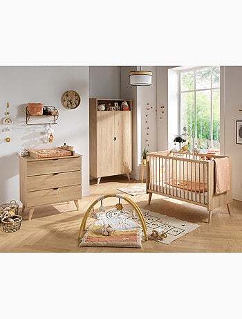 Armoire 2 portes et une niche avec étagères et penderie - poignées métal décor bois hêtre charme - S