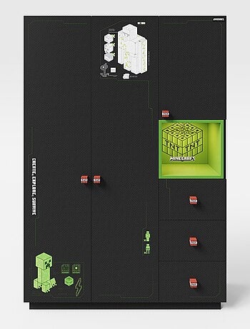 Armoire 3 portes et 3 tiroirs avec LED 'Roba' - Minecraft