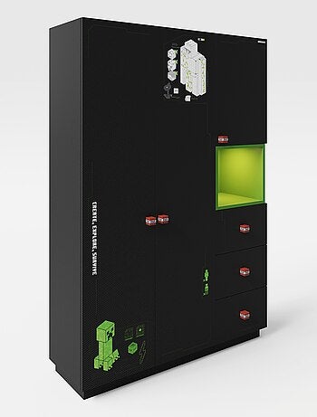 Armoire 3 portes et 3 tiroirs avec LED 'Roba' - Minecraft