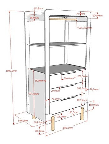 Armoire 3 tiroirs pin massif et imitation bois hauteur DARIUS