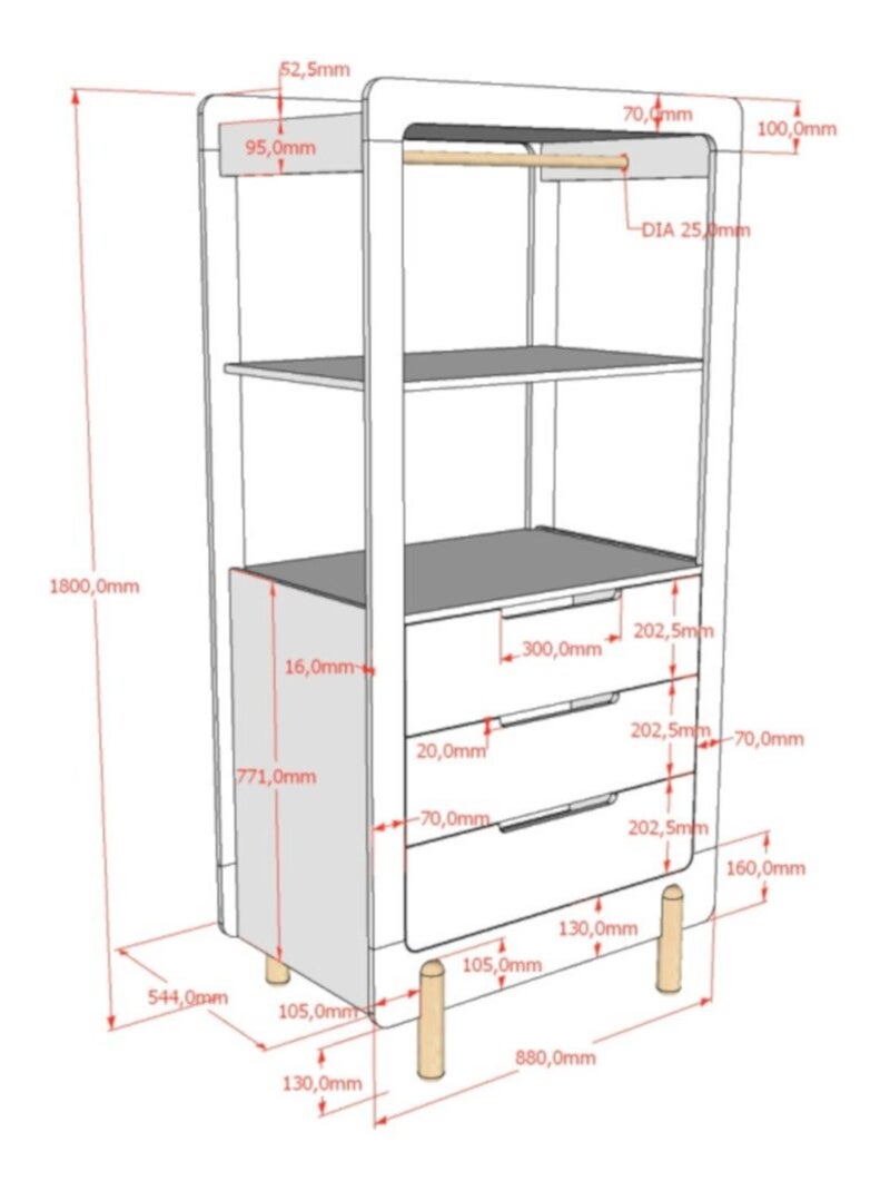 Armoire 3 tiroirs pin massif et imitation bois hauteur DARIUS Blanc - Kiabi