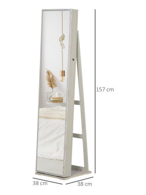 Armoire à Bijoux Avec Miroir Lola – Blanc, 37x34,5x146,8 Cm, Rangement Organisé Crochets Et Compartiments
