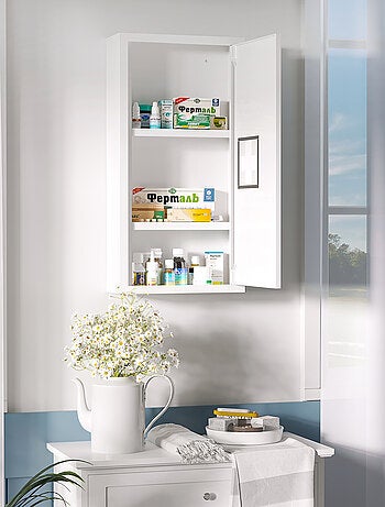 Armoire à pharmacie 2 étagères 3 niv. logo croix acier blanc