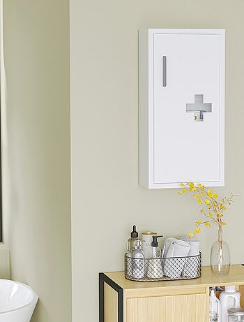 Armoire à pharmacie 2 étagères 3 niv. logo croix acier blanc