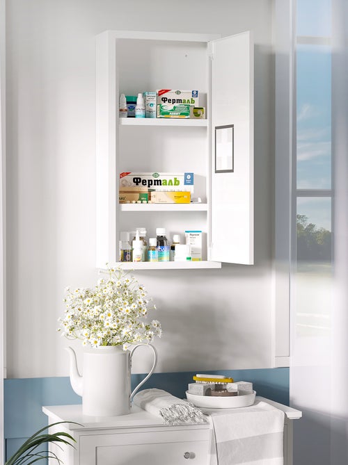 Armoire à pharmacie 2 étagères 3 niv. logo croix acier blanc - Kiabi Armoire à pharmacie 2 étagères 3 niv. logo croix acier blanc - Kiabi