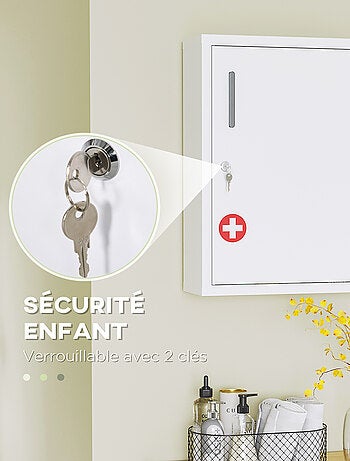 Armoire à pharmacie verrouillable 2 étagères 2 clés logo croix acier blanc